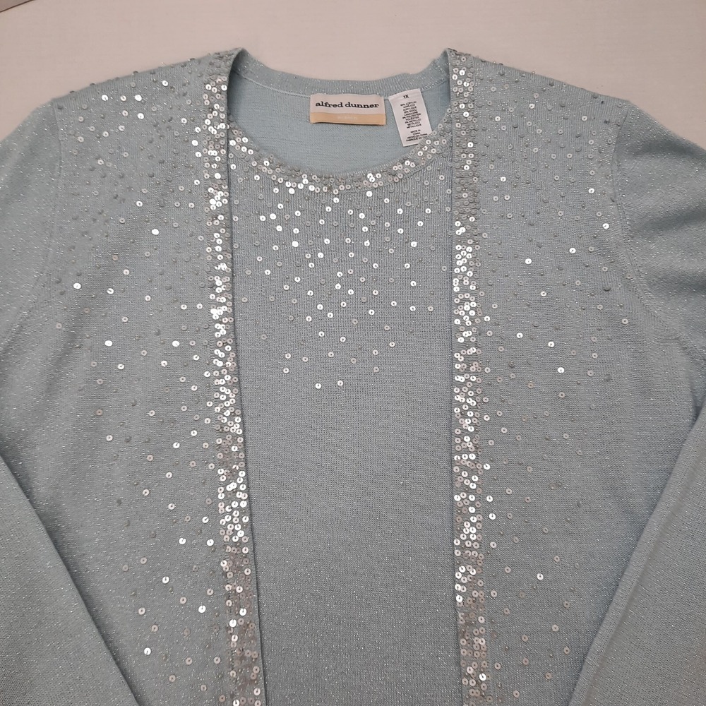 Alfred Dunner Sweater Blue Gray Wool Blend Womens 1X Sequins Sparkly Party 2Fer